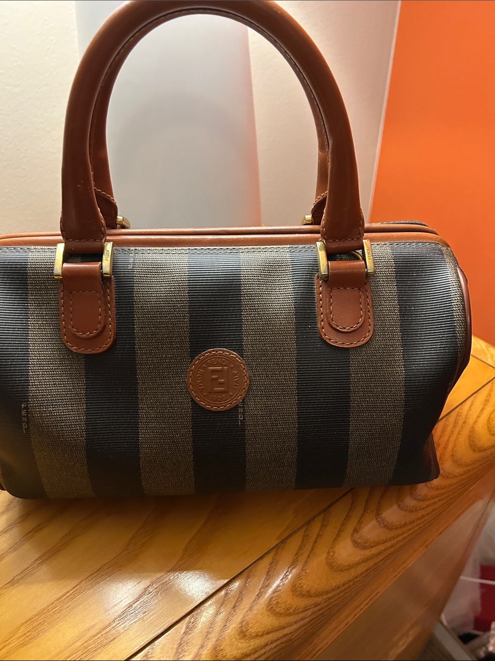 Fendi Brown and black Pequin coated Canvas dr  bag